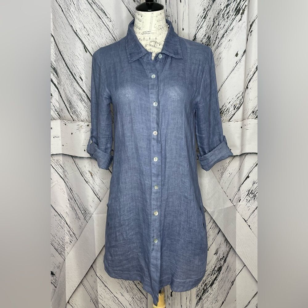 Scandal Italy Blue Linen Button Down Shirt Dress Size Small